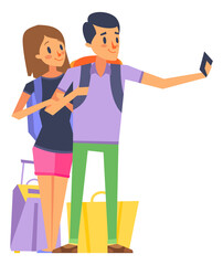 Couple with travel bags making selfie. Holiday vacation trip
