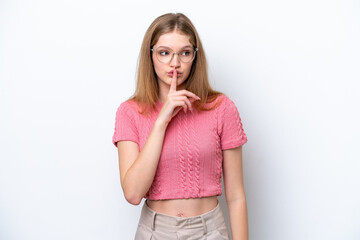 Teenager Russian girl isolated on white background showing a sign of silence gesture putting finger in mouth