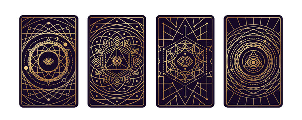 Magic tarot cards set with wheel of fortune and eye esoteric design. Vector illustration. Astrology or sacred geometry poster print. Occult pattern, mystic luxury boho style. - obrazy, fototapety, plakaty