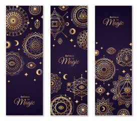 Vertical Banners set with Sacred Geometry Forms, Moon and Sun. Vector illustration. Geometric Logo Design, Gold Alchemy Symbol, Golden Witch and Mystic Signs on Black Background. Yoga Prints