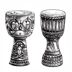 89_djembe_African djembe drum isolated on white background, ethnic musical instrument, hand drawing, black line, detailed illustration, set