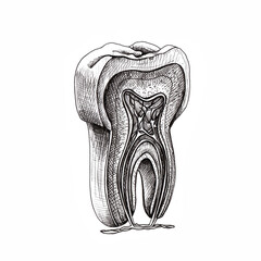 tooth structure, graphics, contour illustration on a white background, molar, gum, root, vessels, nerves, incision, anatomical drawing, black sketch
