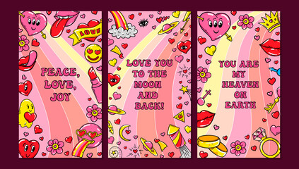 Set of vertical trendy love posters with cute comic illustrations. Groovy vector design