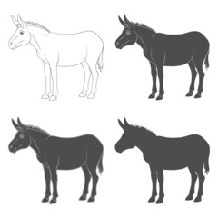 Set of black and white illustrations with donkey, mule. Isolated vector objects on a white background.