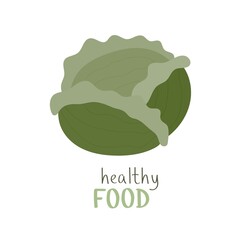 Naklejka premium healthy food. cartoon cabbage, hand drawing lettering. Colorful flat vector illustration. design for prints, posters, cards