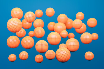 Abstract background with 3d spheres orange colors. Horizontal format for your design. 3d rendering illustration on blue background.	
