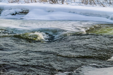 Ice from the river water and snow close-up in winter