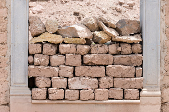 Details of a wall made entirely with mud bricks in Maras, Sacred Valley, Peru