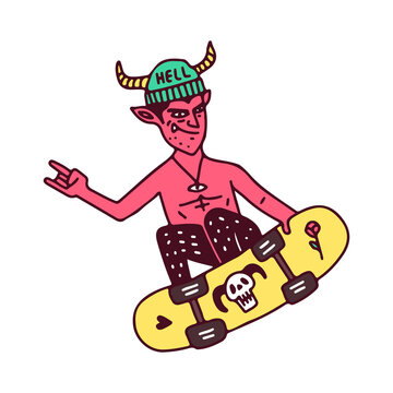 Cool red devil with beanie hat freestyle with skateboard. illustration for t shirt, poster, logo, sticker, or apparel merchandise.