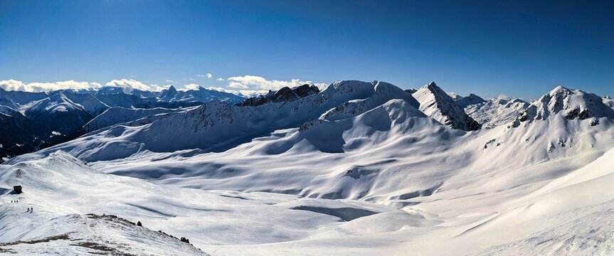 large winter landscape panorama picture winter above Davos on the Chorbschhorn Graubunden. Ski touring in Switzerland