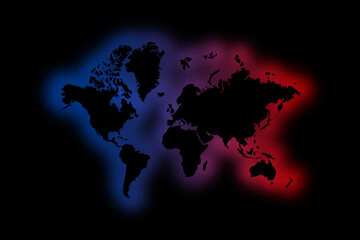 Black World Map outlined with blue and red colors on black background