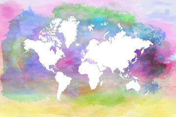 White World Map on colorful watercolor background