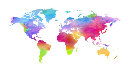 Colorful watercolor World Map on white background