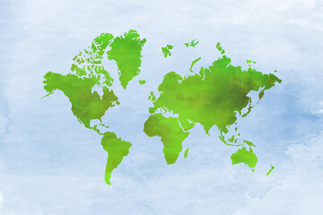 Green watercolor World Map on blue background