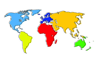 Colorful outlined World Map divided into six continents on white background