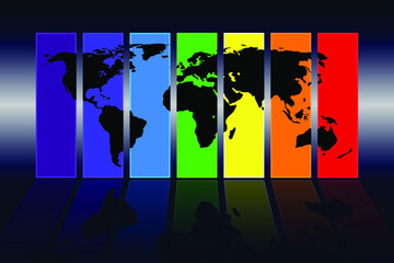 Black World Map and rainbow colors stripes reflected on blue background