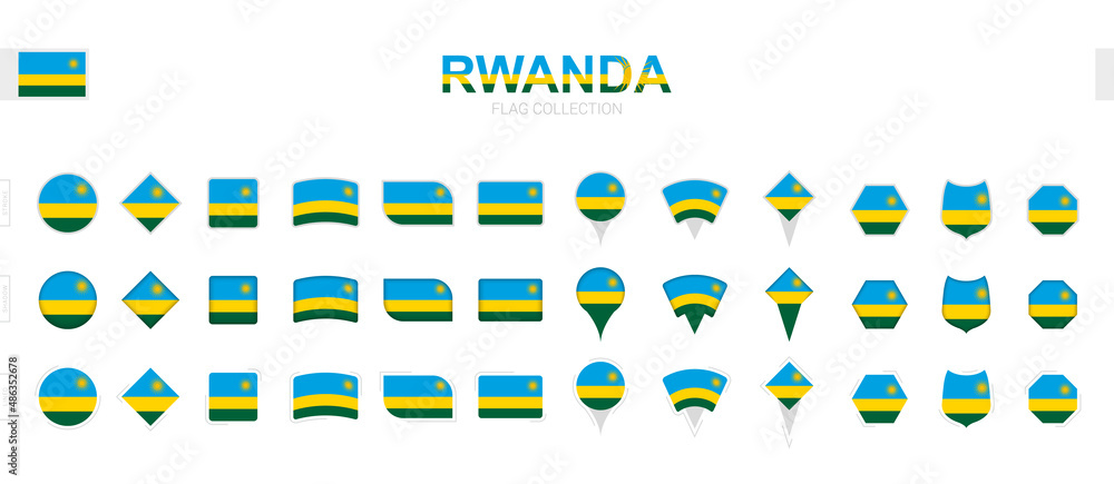 Poster Large collection of Rwanda flags of various shapes and effects.