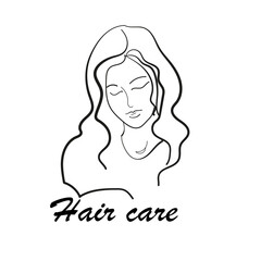 Hair care illustration with beauty face in line art style. Black and white logo template for beauty salons, hairdressers or shampoo labels
