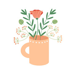 Fresh flowers in pink mug with polka dot motif, hand drawn in flat style, isolated vector illustration