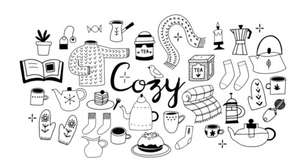 Set of hand drawn cute cozy time objects in line style, isolated vector illustrations