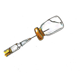 Syringe taking covid 19 corona virus liquid vaccine dose from vial bottle testing, preparing for intramuscular injection. Coronavirus immunization flu treatment and vaccination concept, close up view.