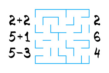 Labyrinth with numbers for children on the white background. Find the path to the correct answer. Vector flat illustration