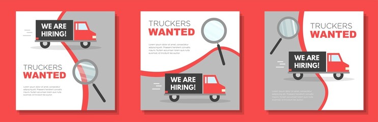 Truck drivers wanted social media post, square banner set, trucker employee recruitment advertisement concept, driver shortage marketing ad, abstract modern flyer, isolated on background