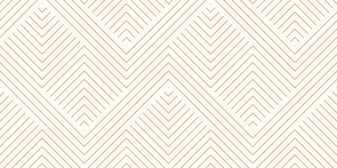 Vector geometric lines pattern. Abstract golden striped ornament. Simple minimalist texture with stripes, zig zag shapes. Modern stylish gold and white linear background. Luxury repeat design template