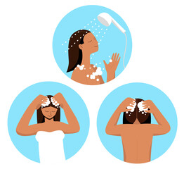 Young brown tan woman washing her head with shampoo and foam in bathroom in towel. Flat minimalist vector illustration. Hair treatment procedures. Body spa, cleaning head, cosmetic skin purity 