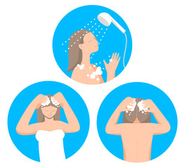 Young white woman washing her head with shampoo and foam in bathroom in towel. Flat minimalist vector illustration. Hair treatment procedures. Body spa, cleaning head, cosmetic skin purity 