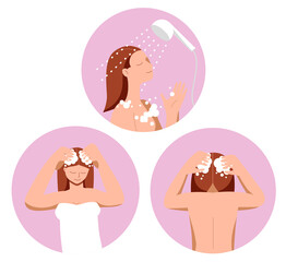 Young red hair woman washing her head with shampoo and foam in bathroom in towel set. Flat minimalist vector illustration. Hair treatment procedures. Body spa, cleaning head, cosmetic skin purity