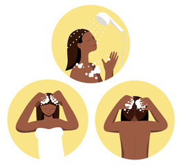 Young black woman washing her head with shampoo and foam in bathroom in towel. Flat minimalist vector illustration. Hair treatment procedures. Body spa, cleaning head, cosmetic skin purity 