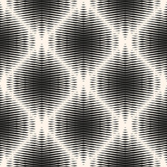 Halftone mesh seamless pattern. Abstract black and white vector graphic texture with dash lines, diamond grid, lattice. Monochrome background with gradient transition effect. Modern repeat geo design