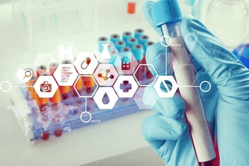 Researcher hold blood sample for New Variant of the Covid-19. Doctor in analysis lab