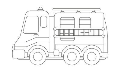 Fire truck coloring book. Vector illustration in cartoon childish style. Isolated funny clipart on white background. Cute firefighter transport print.