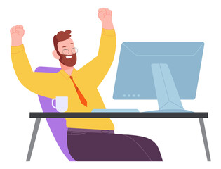 Joyful man at computer desk. Work success concept