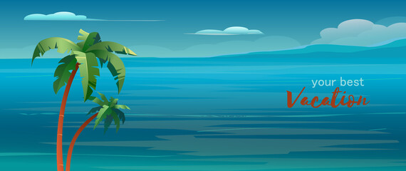 Sea background with palms. Tropical summer landscape. Vector Illustration