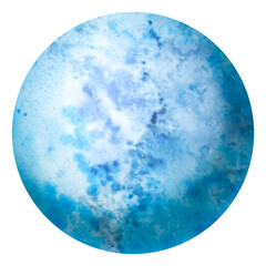 Planet watercolor in digital processing. Abstract blue color planet isolated on white background. Decorative texture similar to the surface of the planet.