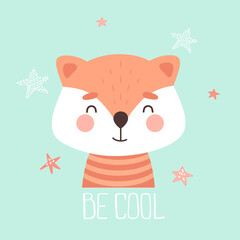 Cute baby print with little foxes. Be cool. Vector illustration in cartoon style.