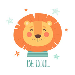 Cute baby print with a lion cub. Be cool. Vector illustration in cartoon style.