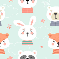 Obraz na płótnie Canvas Seamless pattern with cute animals, print for fabric, cover, wrapping paper, collage. Vector illustration.