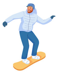 Snowboarder character. Man riding snowboard. Winter sport