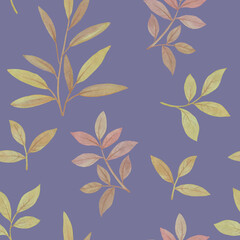 Seamless botanical pattern. Watercolor leaves drawn on paper and assembled into an ornament for design.