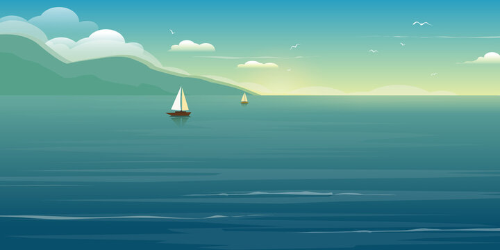 Sailing boat on the sea.  Summer landscape. Sunrise on the sea or ocean. Beautiful calm sea. 