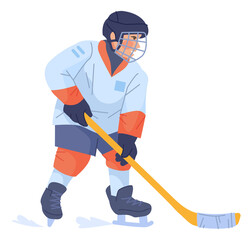 Kid in hockey uniform with stick. Child playing winter sport game