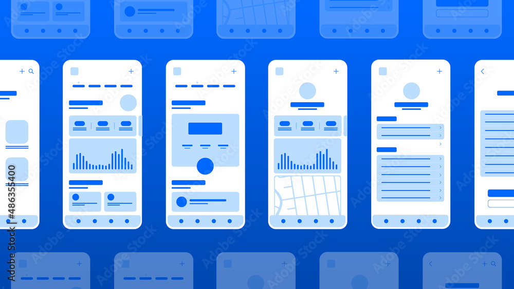 Aufkleber Set of UI UX Wireframes, GUI screens any app flat design template for mobile apps, responsive website application wireframes. Web design UI kit.