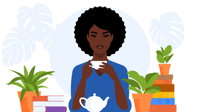 Pretty woman relaxing with cup of tea at home. Cheerful girl resting, studying or reading in cozy place. Beautiful female character, houseplants, books, pot, cup. Illustration in modern style.