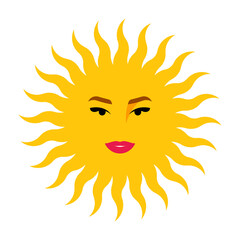 Mystic esoteric sun with female face. Beautiful female eyes, lips, brows, smile. Celestial symbol with shine and sunburst. Astrological magic symbol. Vector illustration in art deco style.
