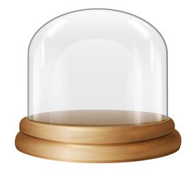 Glass container on wooden tray. Realistic dome mockup