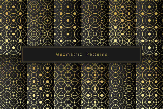 Vector set of 12 golden graphic line geometric seamless patterns on black background; Sacred geometry and dot work motifs; Minimalist style.